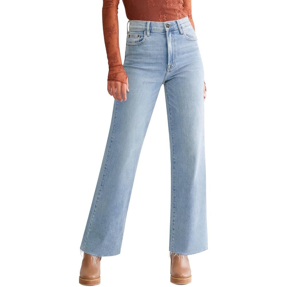 Trendy Wide Leg Jeans Women High Waisted Cropped Frayed Hem Stretchy